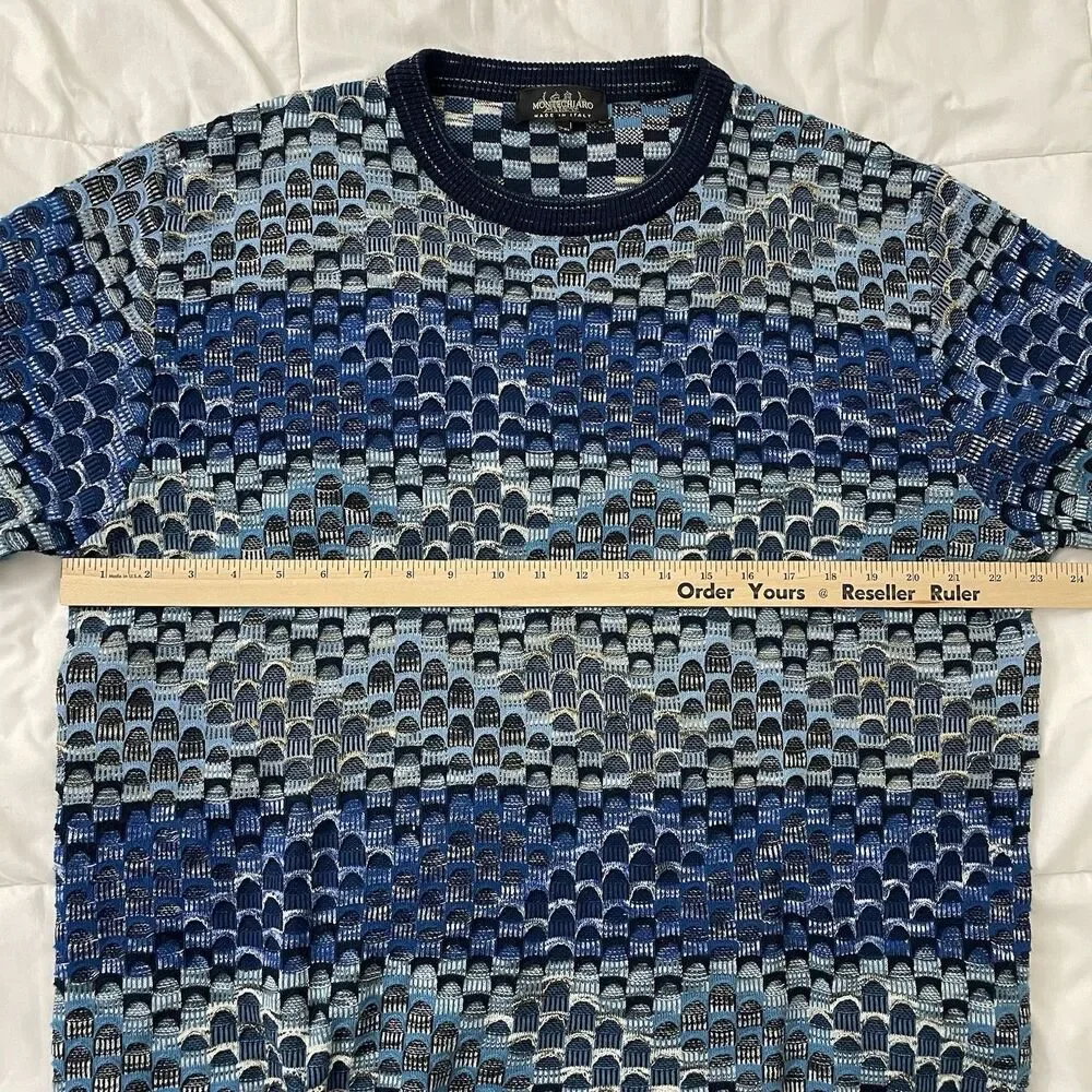 Montechiaro Sweater Mens XL Blue Geometric Print Pullover Crewneck Italy Vintage